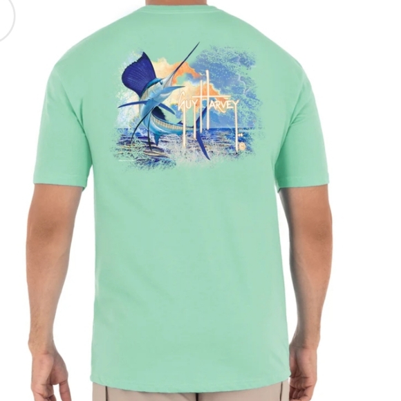 Guy Harvey Men's Marlin Sunset Short Sleeve Pocket T-Shirt Small - Picture 1 of 5